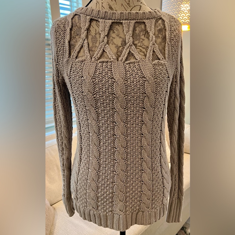 LC Lauren Conrad Lace Cotton Women's Taupe Cable Knit Sweater - Picture 2 of 14